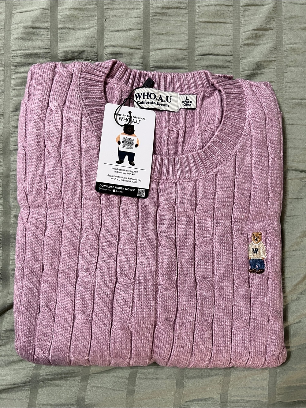 WHO.A.U Women’s Cable Knit Crewneck Sweater — Light Pink